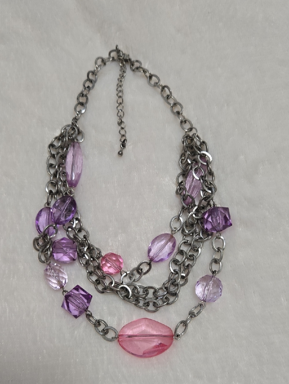 Layered Pink & Purple Bead Statement Necklace with Silver Chains